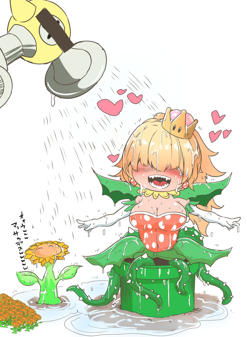 absurdres alraune blonde_hair commentary_request crown dress f.l.u.d.d. female flower gloves heart highres jewelry long_hair mario_(series) monster_girl new_super_mario_bros._u_deluxe okuva open_mouth plant plant_girl potted_plant princess_piranha_plant sunflower super_crown super_mario_sunshine teeth translation_request vines warp_pipe watering watering_can