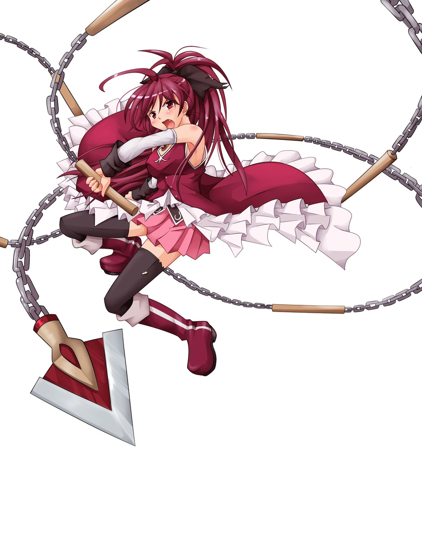 absurdres alest_lusia antenna_hair armpits black_thighhighs boots bow chains commentary_request detached_sleeves dress female full_body hairbow highres long_hair magical_girl mahou_shoujo_madoka_magica mahou_shoujo_madoka_magica_(anime) open_mouth polearm ponytail red_dress red_eyes red_hair sakura_kyoko sakura_kyoko_(magical_girl) solo soul_gem spear thighhighs torn_clothes weapon white_background