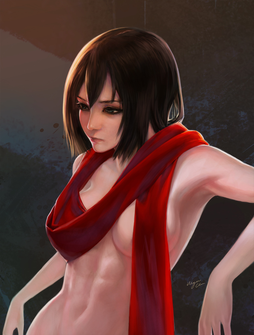 abs breasts brown_hair closed_mouth commentary convenient_censoring expressionless female hair_between_eyes highres large_breasts lips looking_away mikasa_ackerman naked_scarf nose nude out-of-frame_censoring photoshop_(medium) red_scarf scarf shingeki_no_kyojin short_hair signature solo upper_body wayne_chan