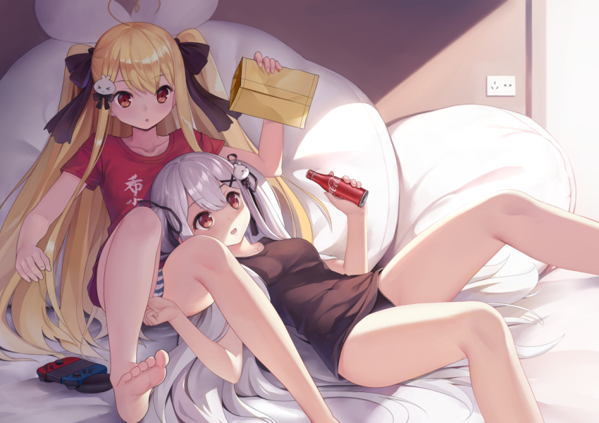 2girls ahoge arm_up bare_legs barefoot bed_sheet black_bow black_panties black_ribbon black_shirt blonde_hair borrowed_character bottle bow breasts chinese_commentary collarbone commentary_request envelope fingernails hair_between_eyes hair_ornament hair_ribbon hairbow heart heart_ahoge holding holding_bottle long_hair lying manila_envelope multiple_girls no_pants on_back original panties pillow red_eyes red_shirt ribbon shirt short_sleeves siblings sisters sitting small_breasts soda_bottle soles striped_clothes striped_panties tokisaki_asaba_(niliu_chahui) tokisaki_mio_(niliu_chahui) two_side_up underwear very_long_hair white_hair x_hair_ornament xiaoyin_li