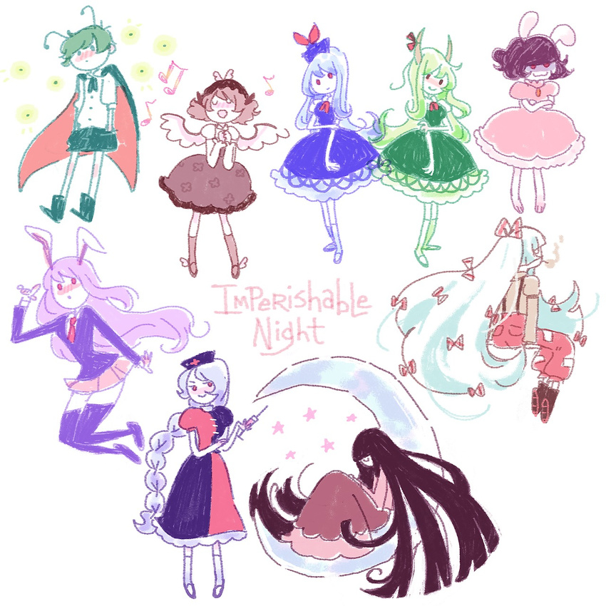 6+girls animal_ears ankle_wings antennae bangs barefoot black_hair blazer blouse blue_hair blush boots bow braid brown_hair brown_legwear bunny_ears cape closed_eyes closed_eyes crescent_moon crossed_arms curly_hair dress ex-keine fujiwara_no_mokou green_dress green_eyes green_hair hair_ribbon hairbow hands_clasped hands_in_pockets hat highres horn_ribbon horns houraisan_kaguya imperishable_night inaba_tewi juliet_sleeves kamishirasawa_keine kaymurph kneehighs long_hair long_sleeves mary_janes miniskirt moon moon_rabbit multiple_girls musical_note mystia_lorelei necktie open_mouth pants parted_bangs pleated_skirt puffy_short_sleeves puffy_sleeves purple_hair red_cross red_eyes reisen_udongein_inaba ribbon shaded_eyes shaded_face shoes short_hair short_sleeves shorts silver_hair singing skirt smile star suspenders syringe thighhighs touhou very_long_hair white_legwear wings wriggle_nightbug yagokoro_eirin