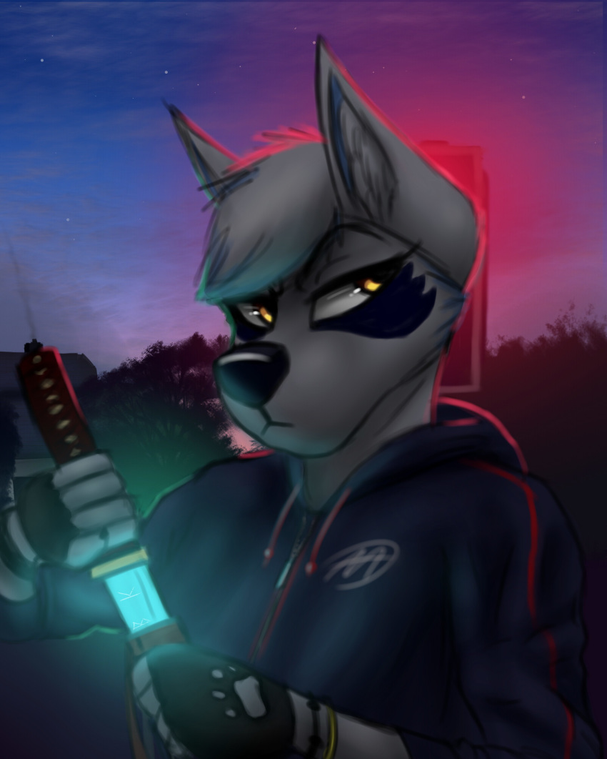 2018 4:5 aira an_ancient anthro canid canine canis clothed clothing domestic_dog female fur hair hi_res hoodie husky katana mammal melee_weapon nordic_sled_dog outside short_hair solo spitz sunset sword tattoo topwear weapon white_body white_fur wolf yellow_eyes