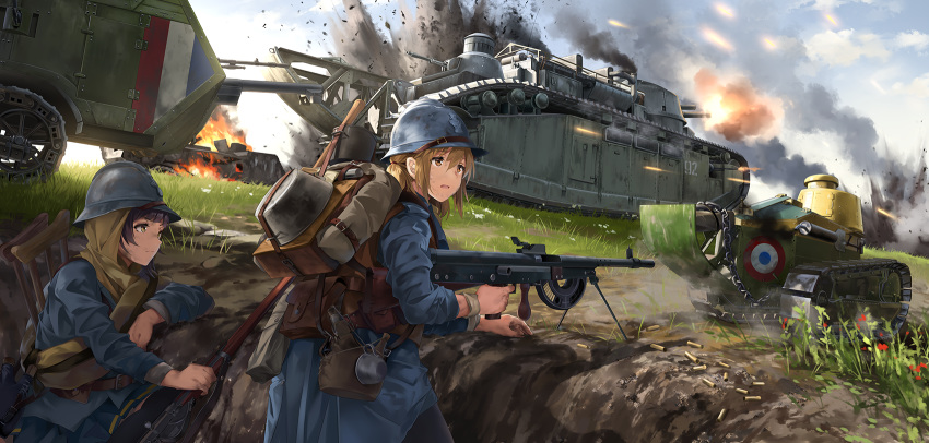 2girls adrian_helmet assault_rifle backpack bag battlefield battlefield_(series) battlefield_1 black_hair blue_sky brown_hair bullet bunker char_2c chauchat check_commentary closed_mouth cloud commentary_request crutch debris explosion fire france french_army french_flag ft-17 grass gun hair_between_eyes helmet highres holding holding_weapon jacket military military_jacket military_uniform military_vehicle motor_vehicle multiple_girls neko_(yanshoujie) open_mouth outdoors ponytail rifle rsc_model_1917 saint_chamond shell_casing sky sleeves_rolled_up tank uniform war weapon world_war_i yellow_eyes