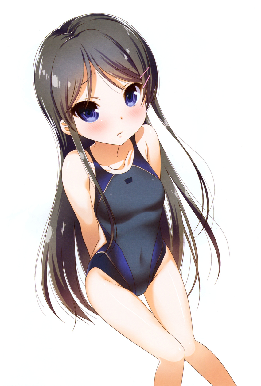 absurdres arms_behind_back black_hair blush breasts collarbone competition_swimsuit covered_nipples endou_rino female groin hair_ornament hairclip highres jinsei long_hair looking_at_viewer medium_breasts nanase_meruchi official_art one-piece_swimsuit purple_eyes scan simple_background skin_tight solo swimsuit thigh_gap white_background