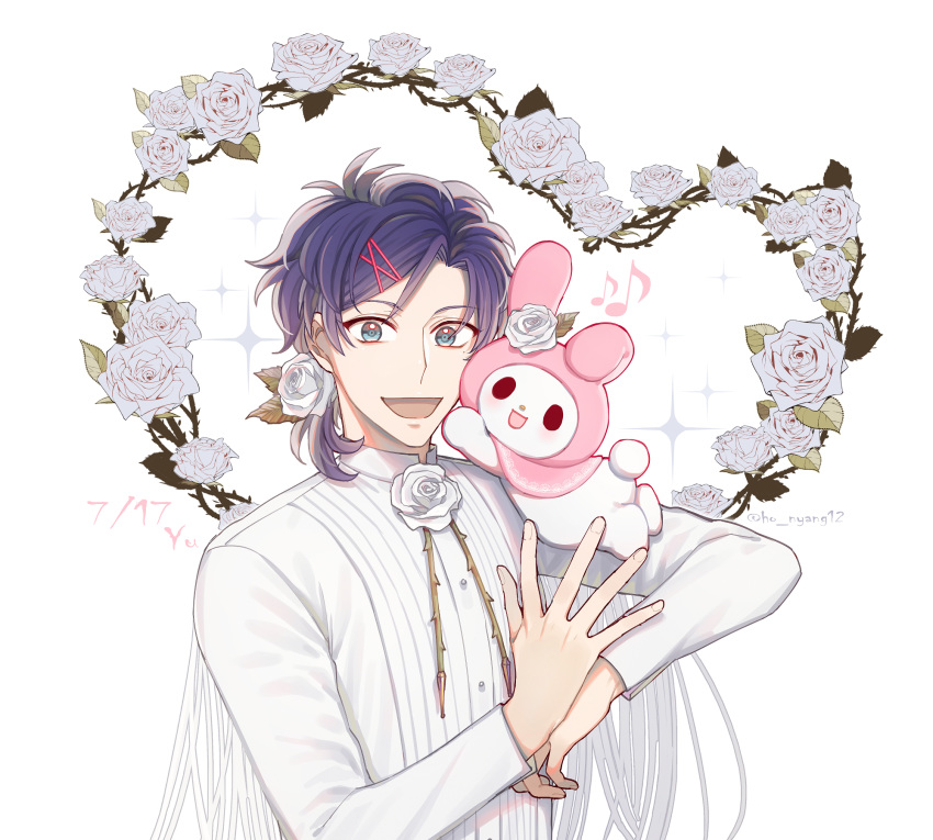 1boy :d bad_id bad_pixiv_id blue_eyes blue_hair character_name dated eighth_note floral_background flower hair_flower hair_ornament hair_tie highres ho_nyang12 long_sleeves looking_at_viewer male_focus mizuno_yuu musical_note my_melody onegai_my_melody open_mouth purple_hair rose sanrio sanrio_danshi smile solo sparkle thorns upper_body white_flower white_rose