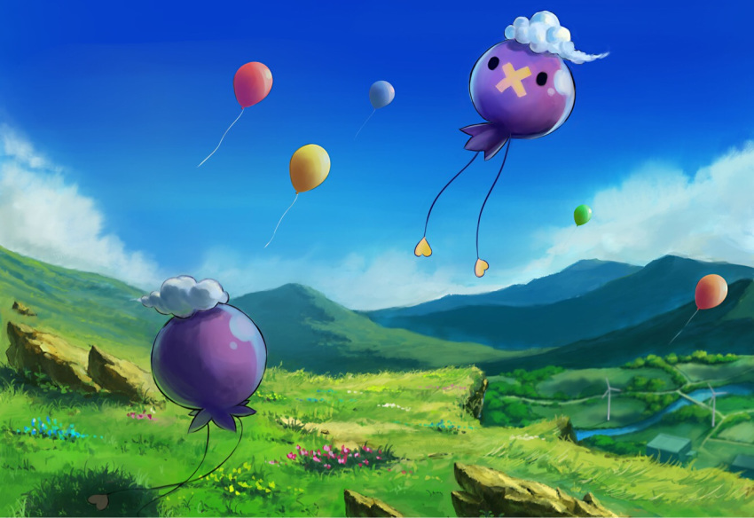 balloon black_eyes blue_sky cliff cloud commentary_request day drifloon flying full_body grass heart kyarage_(soda) mountainous_horizon no_humans outdoors pokemon pokemon_(creature) pokemon_dppt river rock scenery shiny sky solid_circle_eyes valley_windworks wind wind_turbine