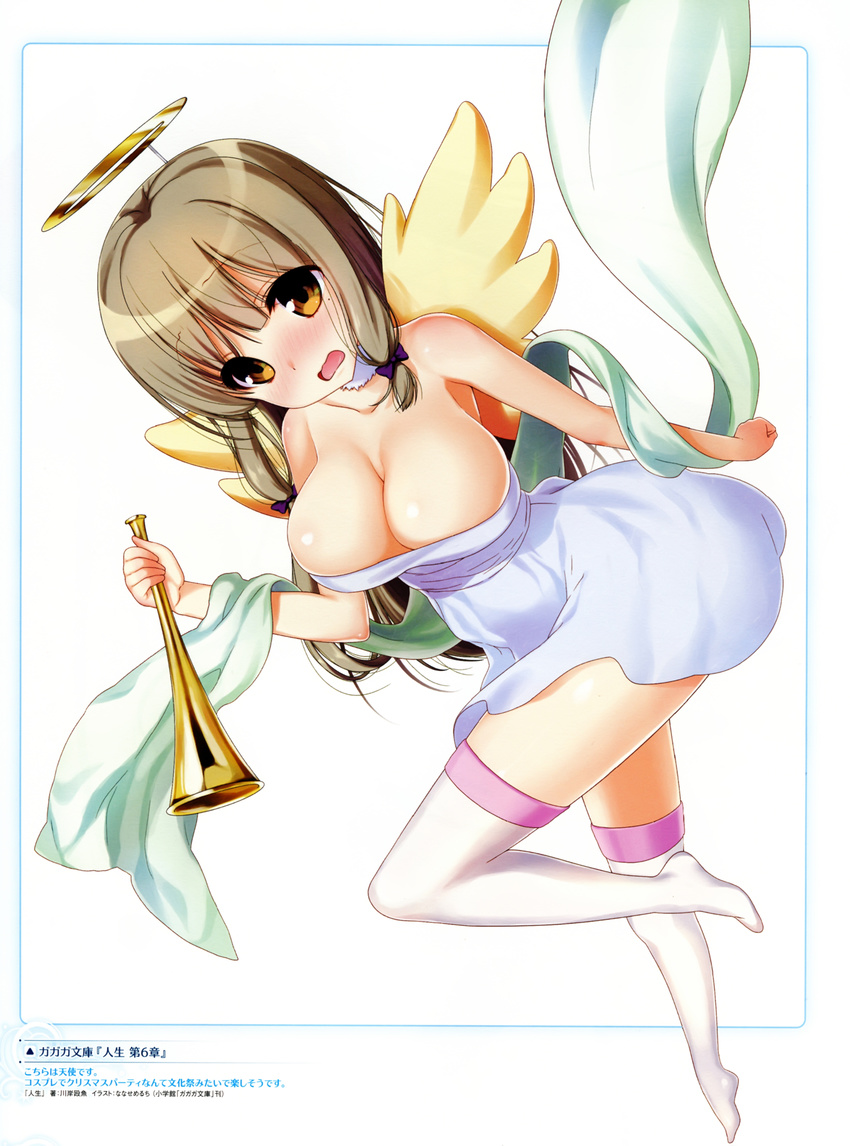 absurdres angel_wings bare_shoulders blonde_hair book breasts brown_eyes cleavage collarbone dress fake_halo female hair_ribbon halo highres horn_(instrument) instrument jinsei kujou_fumi large_breasts mole mole_under_eye nanase_meruchi official_art open_mouth photoshop_(medium) ribbon scan shawl short_sleeves simple_background skindentation smile solo thighhighs tress_ribbon white_background white_dress white_thighhighs wings zettai_ryouiki