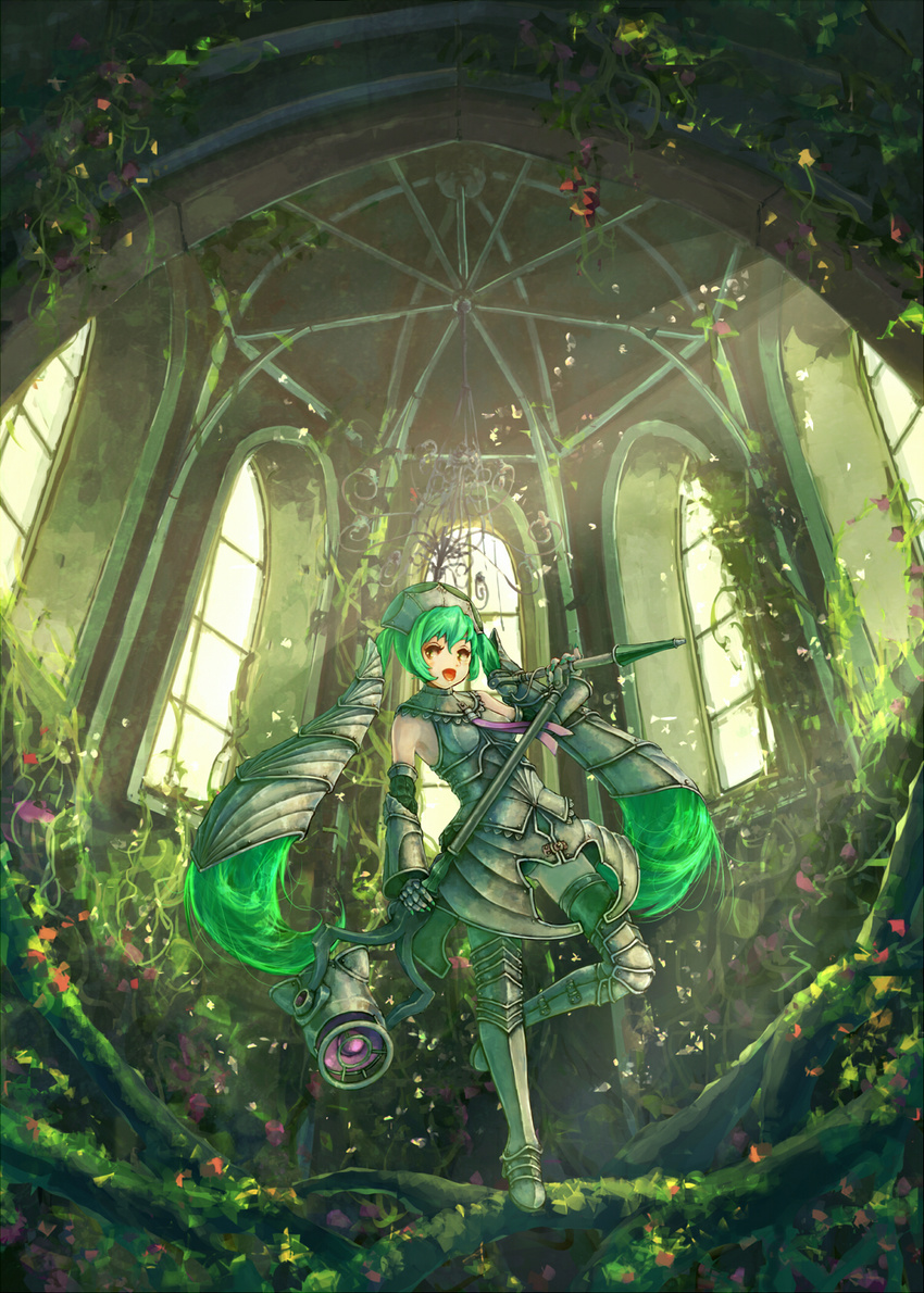 armor armored_twintails bad_id bad_pixiv_id bespin chandelier detached_sleeves female gloves greaves green_hair hair_ornament hatsune_miku highres holding indoors long_hair microphone microphone_stand necktie open_mouth skirt solo standing standing_on_one_leg thighhighs twintails very_long_hair vocaloid window