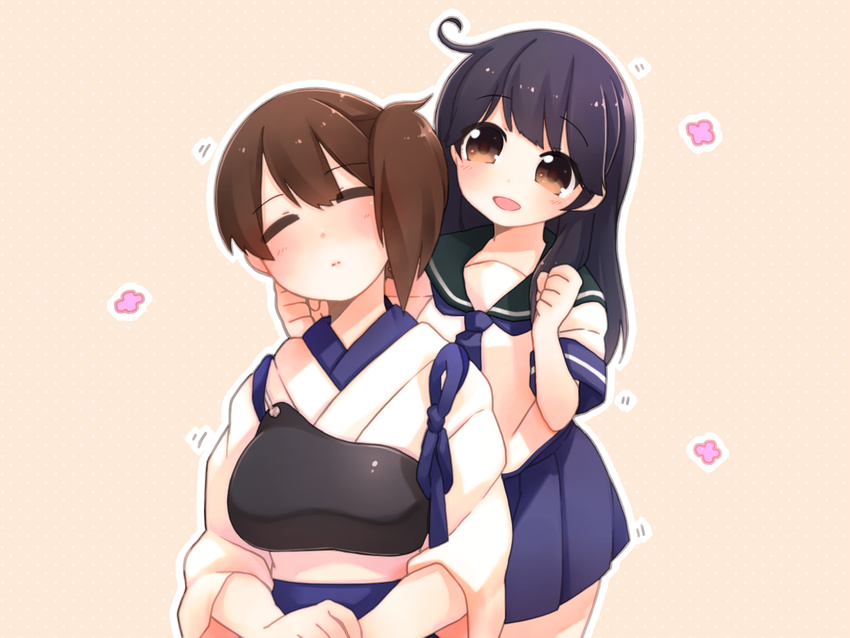 2girls armor black_hair brown_eyes brown_hair closed_eyes commentary_request japanese_clothes kaga_(kancolle) kantai_collection massage multiple_girls muneate nogi_(noooog) open_mouth ponytail school_uniform shoulder_massage side_ponytail ushio_(kancolle)