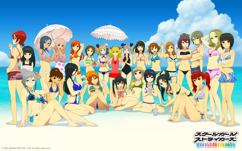 6+girls :3 ;) aoi_yukie arm_behind_head bandeau barefoot beach bikini bikini_shorts bikini_skirt blonde_hair blue_eyes blush breasts brown_eyes brown_hair cloud company_name copyright_name day drill_hair everyone front-tie_top glasses grin hair_between_eyes hair_ornament hair_ribbon hairband haishima_isari haishima_kagari hands_on_own_hips hat highres hime_cut hinomiya_niho holding_hands ibuki_imina interlocked_fingers kobayashi_gen kurimoto_haruka kyoubashi_amane long_hair medium_breasts mini_hat mini_top_hat miyama_tsubame mole mole_under_eye momokawa_sasa multiple_girls namori_mana natsume_itsumi navel official_art official_wallpaper one_eye_closed open_mouth origami_akara origami_hina origami_koori outdoors parasol ribbon rinoda_mano sajima_yumi school_girl_strikers shinonome_ryouko shiranui_hazuki short_hair shorts siblings side-tie_bikini_bottom sisters sitting sky small_breasts smile standing sumihara_satoka swimsuit takamine_ako tanaka_sachiko_(school_girl_strikers) tierra-sensei top_hat twins twintails umbrella v wavy_hair wavy_mouth yaginuma_io yamabuki_kaede_(school_girl_strikers) yukishiro_mari