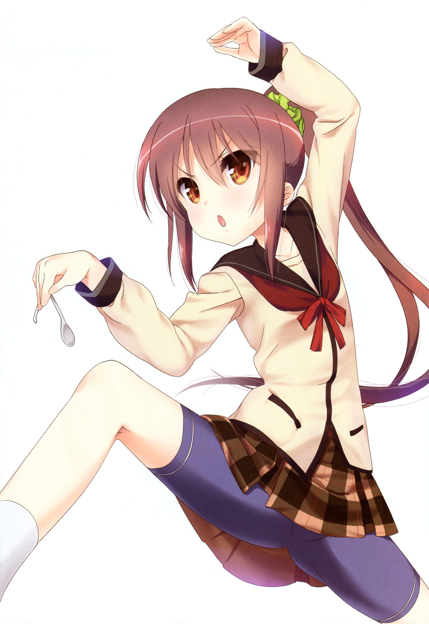 :o absurdres bike_shorts brown_eyes brown_hair female highres holding holding_spoon jinsei long_hair looking_at_viewer nanase_meruchi official_art open_mouth plaid plaid_skirt ponytail red_hair scan school_uniform scrunchie serafuku shirt simple_background skirt solo spoon spoon_bending suzuki_ikumi_(jinsei) very_long_hair white_background