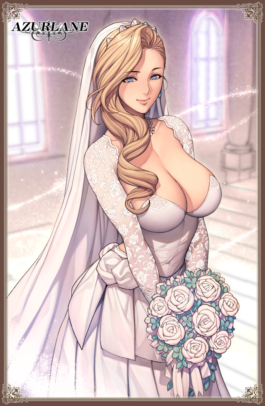 absurdres azur_lane blonde_hair blue_eyes blurry bouquet breasts bridal_veil cleavage copyright_name crown depth_of_field detached_sleeves dress female flower hair_over_shoulder highres hood_(azur_lane) hood_(rosey_love_poem)_(azur_lane) large_breasts long_sleeves mature_female oda_non official_alternate_costume rose solo veil wedding_dress white_flower white_rose