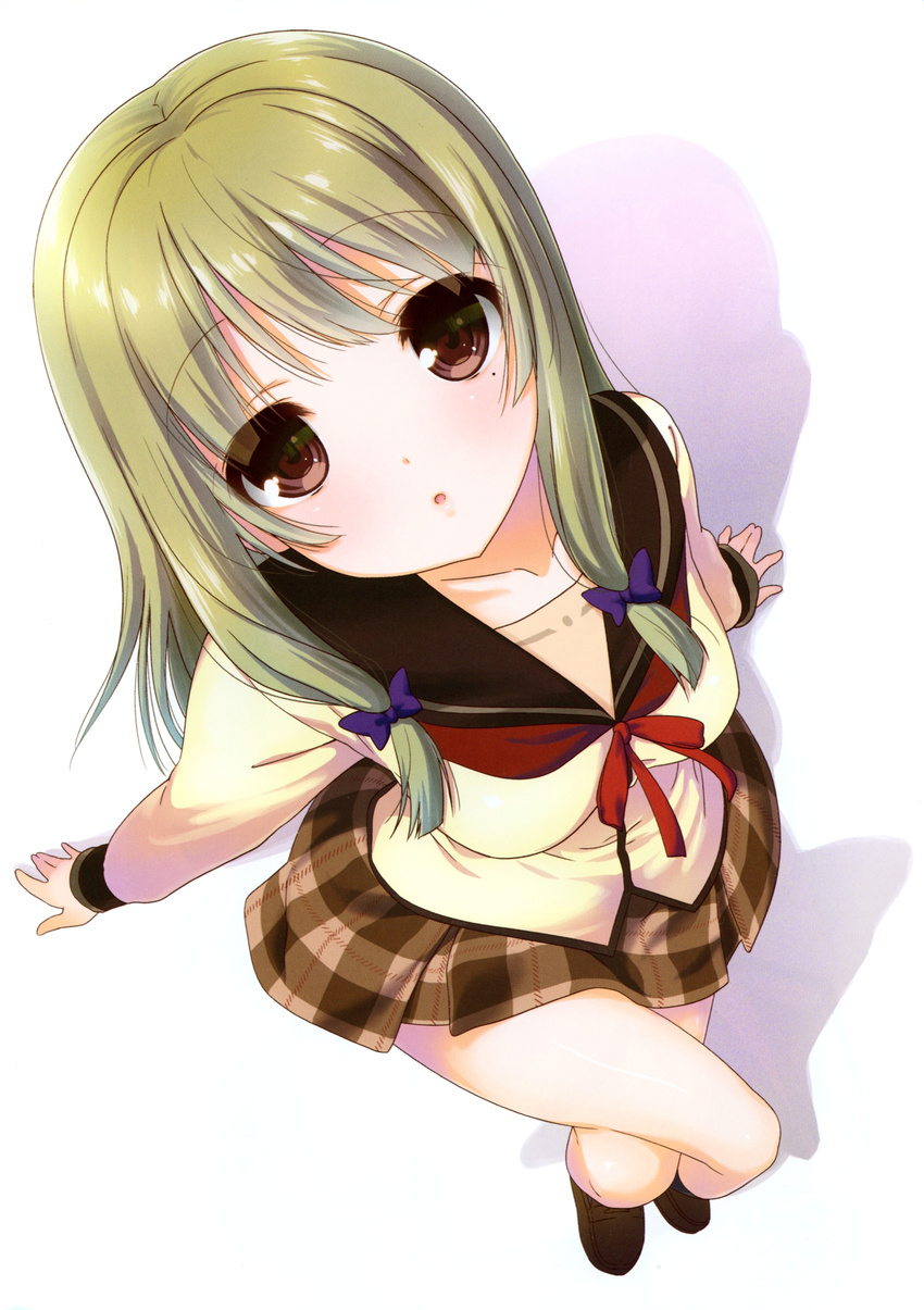 :o absurdres breasts brown_eyes collarbone crossed_legs female green_hair hair_ribbon highres jinsei kujou_fumi long_sleeves medium_breasts mole mole_under_eye nanase_meruchi official_art open_mouth outstretched_arms plaid plaid_skirt purple_ribbon ribbon scan school_uniform serafuku simple_background sitting skirt solo tress_ribbon white_background