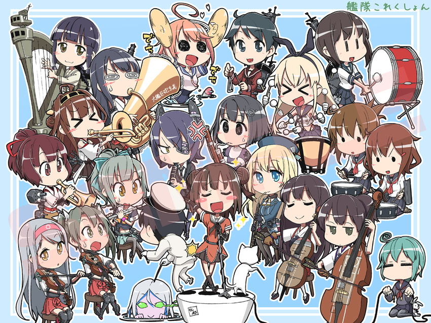 >_< 1boy 6+girls :3 =_= @_@ abyssal_ship admiral_(kancolle) ahoge akagi_(kancolle) anger_vein aqua_hair atago_(kancolle) bad_id bad_pixiv_id bass_drum bassoon batsubyou black_hair black_panties blonde_hair blue_eyes blue_hair blush_stickers braid brown_eyes brown_hair cello closed_eyes cymbals detached_sleeves double_bass dress drum elbow_gloves english_horn eyepatch feline flute fubuki_(kancolle) fusou_(kancolle) gloves glowing glowing_eyes green_eyes grey_hair haguro_(kancolle) hair_ornament hair_ribbon hairband hairclip harp hat headgear heart i-58_(kancolle) ikazuchi_(kancolle) inazuma_(kancolle) instrument ise_(kancolle) japanese_clothes kaga_(kancolle) kantai_collection kawamura_kazuma kitakami_(kancolle) kongou_(kancolle) machinery microphone midori_(kancolle) midriff military military_uniform mogami_(kancolle) multiple_girls music naka_(kancolle) naval_uniform navel orange_hair orchestra pale_skin panties pantyhose photoshop_(medium) ponytail rashinban_musume rensouhou-chan ribbon ringed_eyes school_uniform serafuku shimakaze_(kancolle) shoukaku_(kancolle) singing sitting snare_drum sparkle stuffed_animal stuffed_rabbit stuffed_toy sweatdrop ta-class_battleship tenryuu_(kancolle) thighhighs timpani torpedo triangle_(instrument) trombone trumpet tuba turret twintails underwear uniform violin white_hair wristband yellow_eyes yuubari_(kancolle) zuikaku_(kancolle)