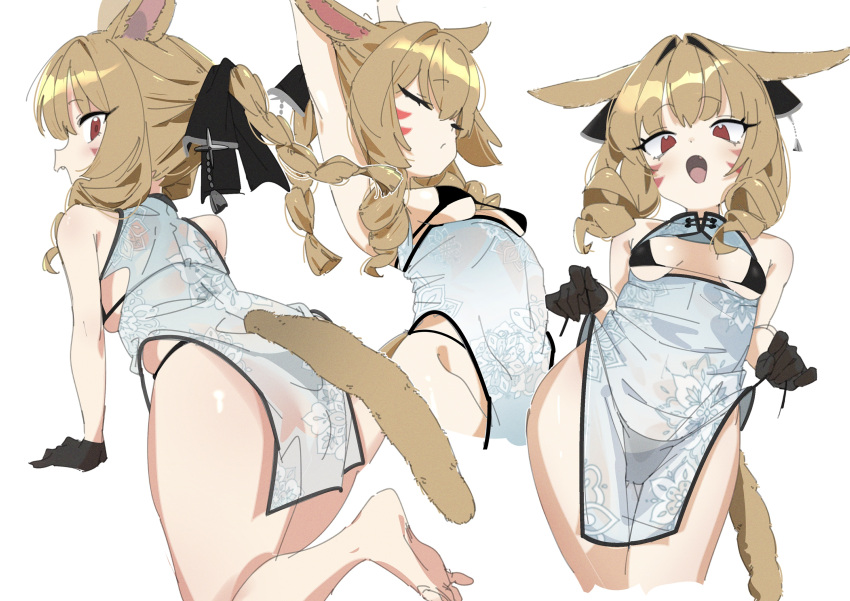 :d absurdres animal_ears armpits ass back bare_shoulders barefoot bikini black_bikini black_gloves braid breasts brown_hair china_dress chinese_clothes closed_eyes commission dress drill_hair facial_mark female final_fantasy final_fantasy_xiv gloves highres long_hair looking_at_viewer miqo'te multiple_views ocha_(popopogg) open_mouth red_eyes simple_background small_breasts smile swimsuit tail white_background