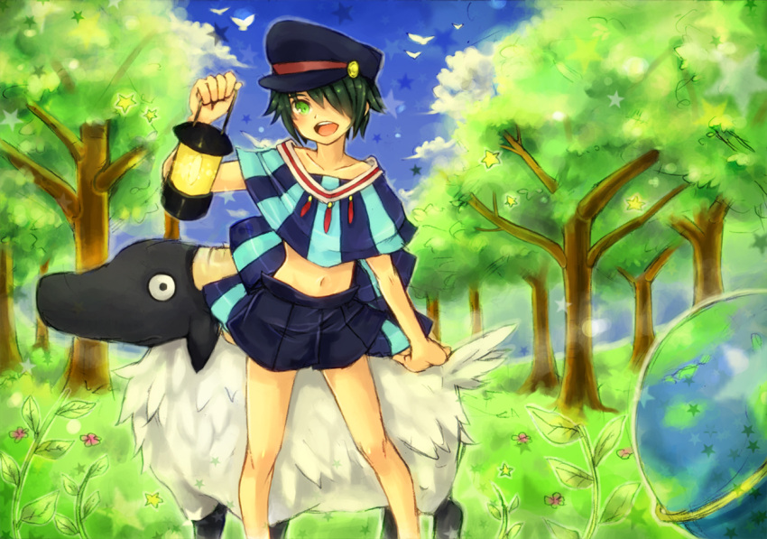 bird black_hat black_skirt blue_capelet blush capelet commentary_request day feet_out_of_frame female flower forest globe green_eyes green_hair hair_between_eyes hair_over_one_eye hat holding holding_lantern kusabe_ichii lantern leaf long_bangs looking_at_viewer midriff nature navel open_mouth outdoors peaked_cap pink_flower pleated_skirt sheep short_hair skirt smile solo standing striped_capelet teeth tree two-tone_capelet upper_teeth_only vocaloid wonderland_to_hitsuji_no_uta_(vocaloid)