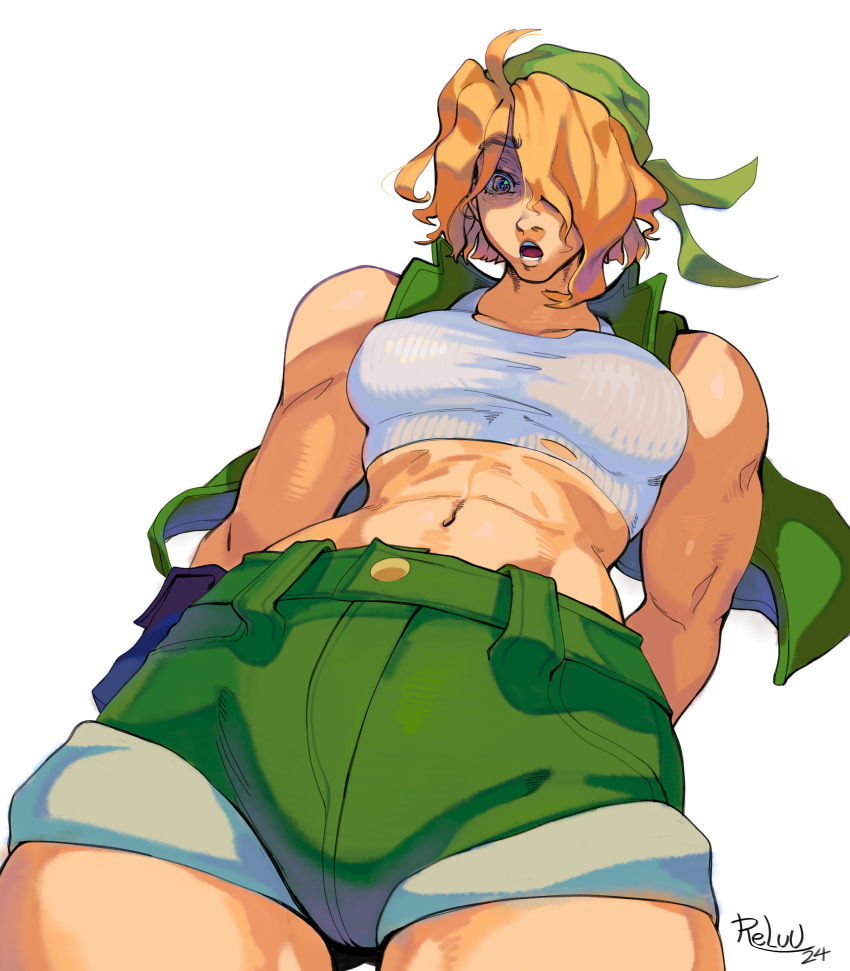 abs absurdres alternate_muscle_size bandana bare_shoulders biceps blonde_hair breasts crop_top deltoids female green_bandana highres kasamoto_eri large_breasts load_bearing_vest looking_at_viewer metal_slug midriff muscular muscular_female navel relusionh shirt short_hair short_shorts shorts solo thighs twitter_username vest