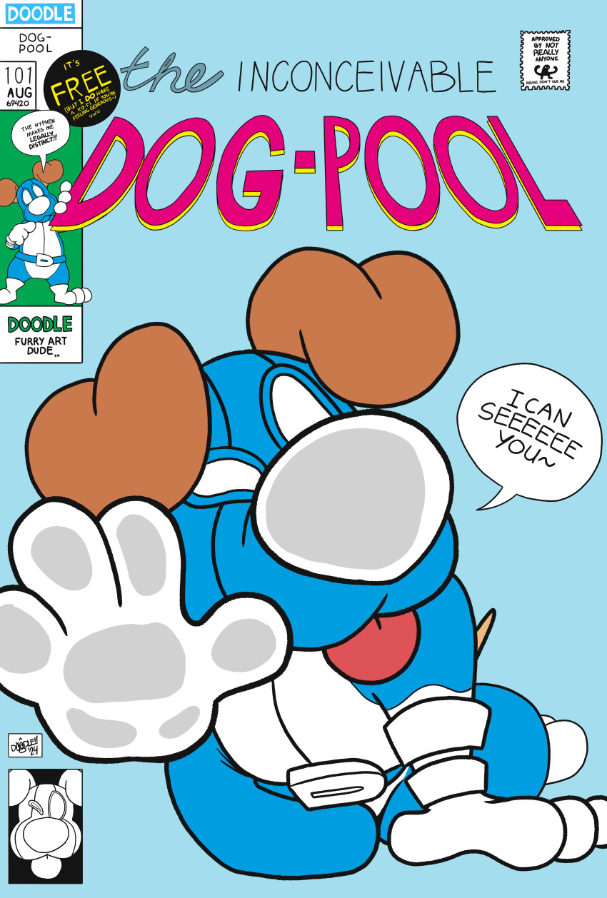 absurd_res blep blue_clothing breaking_the_fourth_wall clothing comic_book comic_cover_page dog-pool doodledoggy hi_res parody pressed_on_window spandex spandex_suit speech_bubble tight_clothing tongue tongue_out toonkind toony