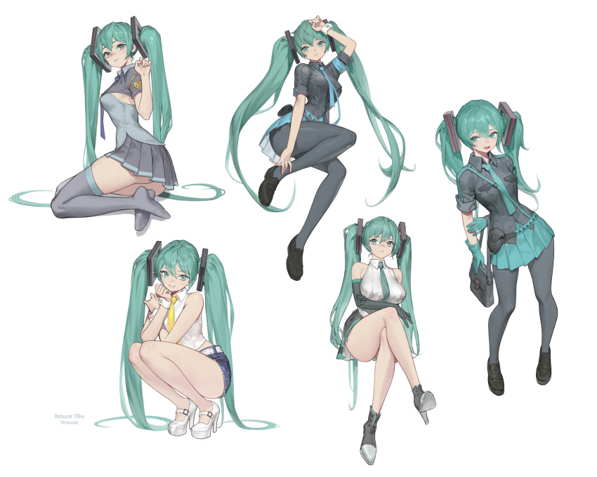 :d absurdres aqua_eyes aqua_gloves aqua_hair ass bag bare_shoulders belt black_gloves black_pantyhose black_thighhighs breasts crossed_legs elbow_gloves female gloves hair_ornament handbag hatsune_miku high_heels highres ki_min-woo large_breasts loafers long_hair looking_at_viewer multiple_views necktie open_mouth pantyhose pleated_skirt school_uniform shoes simple_background sitting skirt sleeveless smile squatting thighhighs twintails very_long_hair vocaloid white_background wrist_cuffs yokozuwari