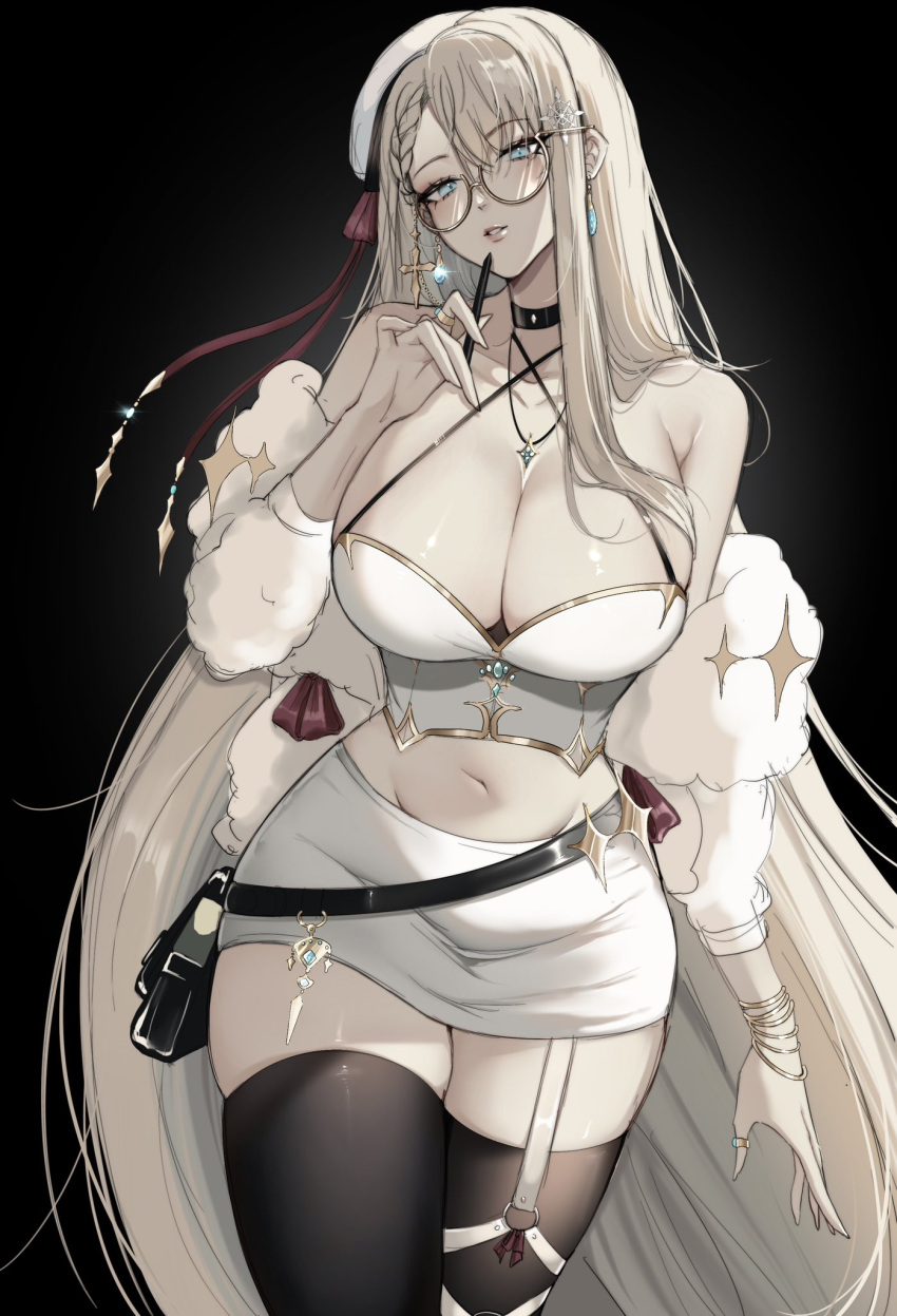 aia_amare aia_amare_(2nd_costume) black_background black_choker black_thighhighs bracelet breasts choker cleavage earrings female glasses hair_ornament hairclip hat highres jewelry jin_(xiannie) large_breasts long_hair looking_at_viewer navel necklace nijisanji nijisanji_en simple_background skirt solo thighhighs very_long_hair virtual_youtuber white_skirt