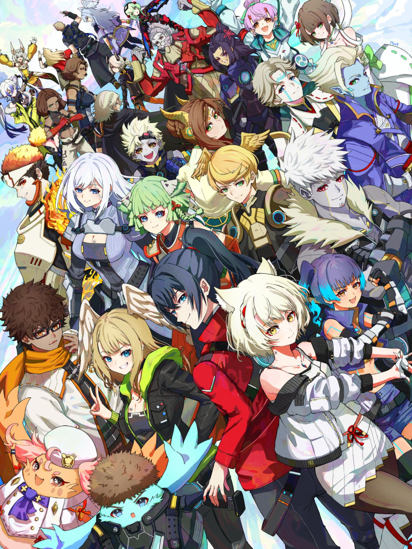 6+boys 6+girls alexandria_(xenoblade) animal_ears armor ashera_(xenoblade) beard cat_ears dark-skinned_female dark_skin eunie_(xenoblade) everyone facial_hair fake_horns fiona_(xenoblade) ghondor_(xenoblade) gray_(xenoblade) head_wings highres horned_headwear horns ino_(xenoblade) isurd_(xenoblade) juniper_(xenoblade) lanz_(xenoblade) looking_at_viewer manana_(xenoblade) masha_(xenoblade) melia_antiqua milo_monzon mio_(xenoblade) miyabi_(xenoblade) monica_(xenoblade) multiple_boys multiple_girls nia_(xenoblade) noah_(xenoblade) rex_(xenoblade) riku_(xenoblade) scarf segiri_(xenoblade) sena_(xenoblade) shulk_(xenoblade) smile taion_(xenoblade) teach_(xenoblade) triton_(xenoblade) valdi_(xenoblade) wings xenoblade_chronicles_(series) xenoblade_chronicles_3 xenoblade_chronicles_3:_future_redeemed zeon_(xenoblade)