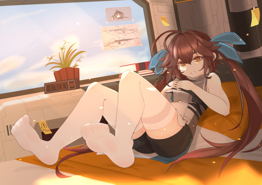 absurdres alarm_clock antenna_hair battle_rifle black_shorts blue_ribbon blue_sky book breasts brown_hair clock commentary_request day diagram feet female full_body girls'_frontline girls'_frontline_2:_exilium grin gun hair_between_eyes hair_ribbon highres indoors long_hair lying m14 m14_(girls'_frontline) medium_breasts no_shoes nokialia_(sinoteenme) on_back own_hands_together plant potted_plant ribbon rifle shirt shorts sky sleeveless sleeveless_shirt smile soles solo sticky_note thighhighs toes turtleneck turtleneck_shirt twintails very_long_hair weapon white_thighhighs yellow_eyes