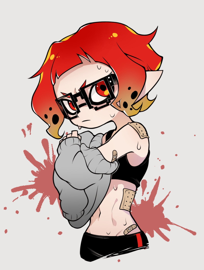 8-bit_(splatoon) bandaid bandaid_on_arm bandaid_on_shoulder bandaid_on_stomach bike_shorts black-framed_eyewear black_bra black_shorts blonde_hair bra chinese_commentary closed_mouth commentary_request cropped_legs female glasses gradient_hair grey_background grey_sweater groin highres inkling liang_cun_rakuna looking_at_viewer multicolored_hair navel pointy_ears red_eyes red_hair short_hair shorts simple_background solo splatoon_(manga) splatoon_(series) splatter_background stomach sweat sweater tentacle_hair two-tone_hair underwear undressing v-shaped_eyebrows