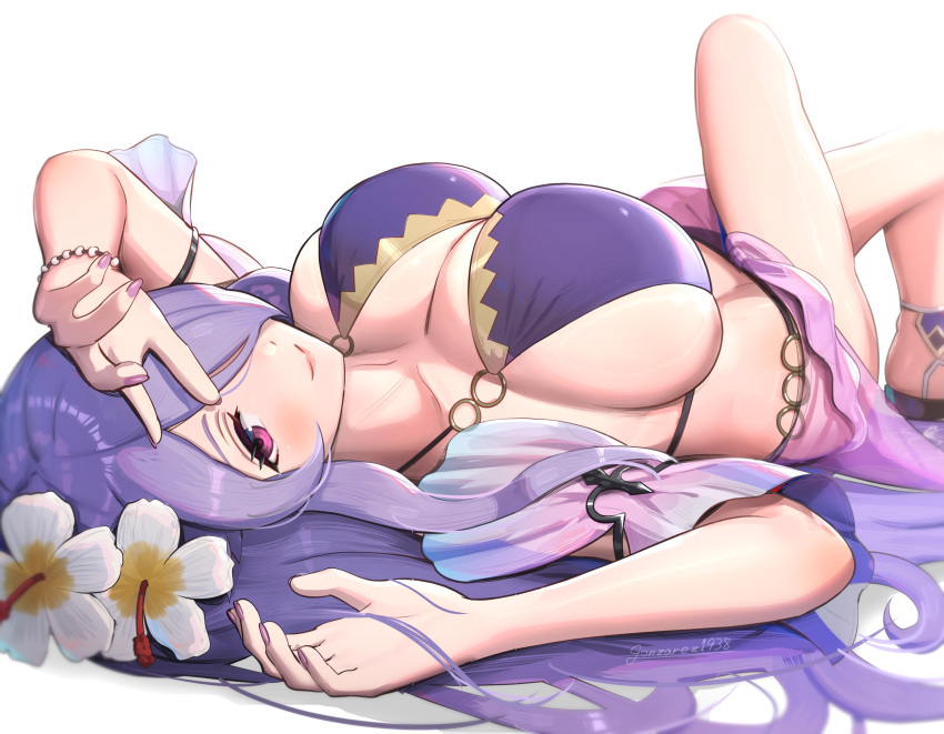 bikini bracelet breasts camilla_(fire_emblem) camilla_(summer)_(fire_emblem) cleavage female fire_emblem fire_emblem_fates fire_emblem_heroes flower gonzarez hair_flower hair_ornament hair_over_one_eye highres huge_breasts jewelry looking_at_viewer official_alternate_costume pink_eyes purple_bikini purple_hair sarong sideboob skindentation smile swimsuit white_background