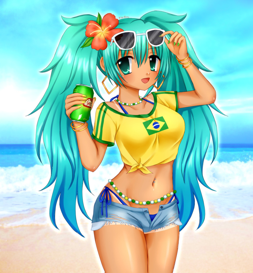 aqua_eyes aqua_hair bangle beach bead_necklace beads bikini bikini_under_clothes bracelet brazilian_flag_print brazilian_miku breasts can commentary cowboy_shot cropped_shirt day drink_can earrings english_commentary eyewear_on_head female flower green_nails hair_flower hair_ornament hatsune_miku highres holding holding_can jewelry kigidere long_hair looking_at_viewer medium_breasts midriff multicolored_nails nail_polish navel navel_piercing necklace ocean open_mouth outdoors piercing red_flower shirt short_sleeves signature smile solo standing sunglasses swimsuit tan tanline_peek tied_shirt twintails very_long_hair vocaloid yellow_nails yellow_shirt