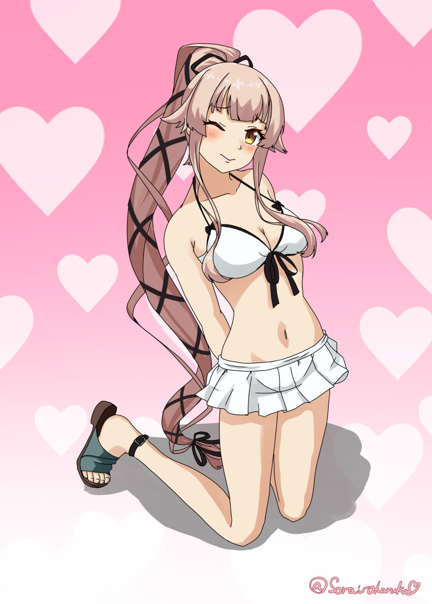 absurdres arms_behind_back bikini bikini_skirt breasts brown_eyes cleavage female front-tie_bikini_top front-tie_top full_body gradient_background hair_flaps hair_ribbon heart heart_background highres kantai_collection long_hair medium_breasts navel one-hour_drawing_challenge one_eye_closed pink_background pink_hair ponytail ribbon sandals solo sorairo_haruka swimsuit very_long_hair white_bikini yura_(kancolle)