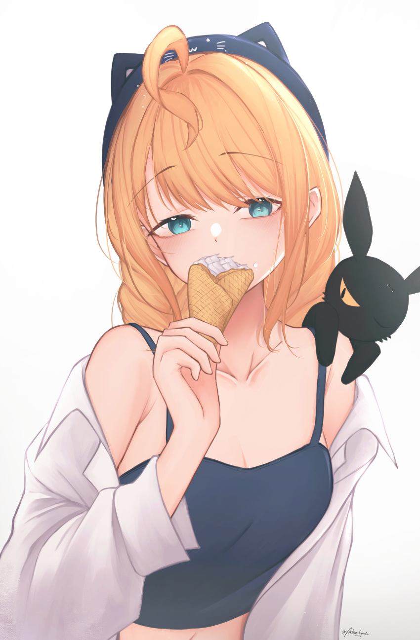 absurdres ahoge animal_hat aqua_eyes blush breasts cat_hat cleavage collarbone eating female food hat highres holding holding_food ice_cream_crepe looking_at_viewer lucie_(millie_parfait) medium_hair millie_parfait navel nijisanji nijisanji_en parkiranhonda virtual_youtuber