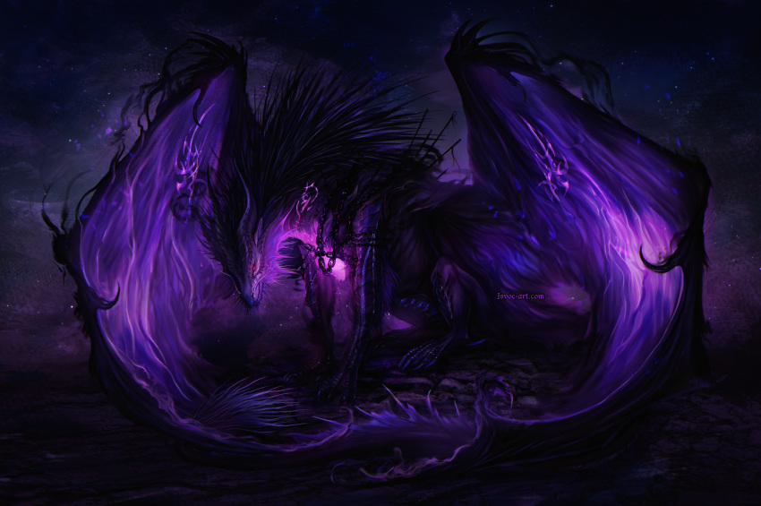 4_horns ambiguous_gender black_body chains claws dragon european_mythology feral glowing hi_res horn isvoc mane markings membrane_(anatomy) membranous_wings multi_horn mythological_creature mythological_scalie mythology purple_markings red_eyes scales scalie sitting solo western_dragon wing_claws wings