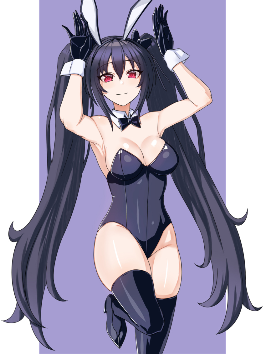 absurdly_long_hair animal_ears armpits arms_up black_bow black_footwear black_gloves black_hair black_hairband black_leotard black_necktie black_thighhighs blue_background bow breasts choujigen_game_neptune cleavage closed_mouth detached_collar english_commentary fake_animal_ears female foot_out_of_frame gloves groin hairband highleg highleg_leotard highres large_breasts leotard letterboxed long_hair looking_at_viewer necktie neptune_(series) noire_(neptunia) rabbit_pose red_eyes sidelocks skindentation solo standing standing_on_one_leg thick_thighs thighhighs thighs two_side_up very_long_hair white_background wide_hips wrist_cuffs zatsu