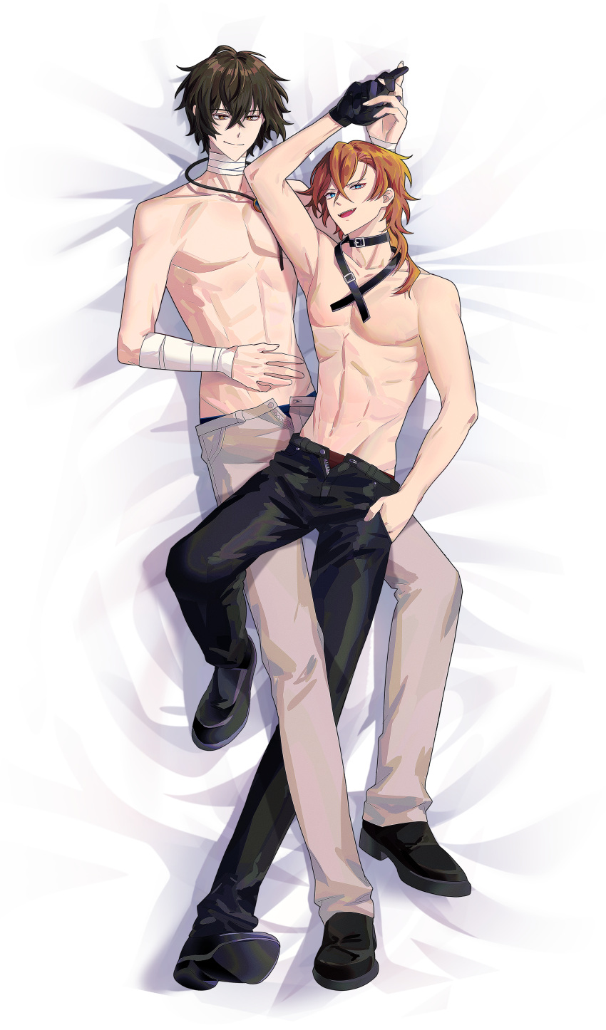 2boys absurdres bandaged_neck bandages black_gloves blue_eyes brown_eyes brown_hair bungou_stray_dogs choker dakimakura_(medium) dazai_osamu_(bungou_stray_dogs) gloves highres iyo039 male_focus medium_hair multiple_boys nakahara_chuuya orange_hair pants short_hair topless_male yaoi