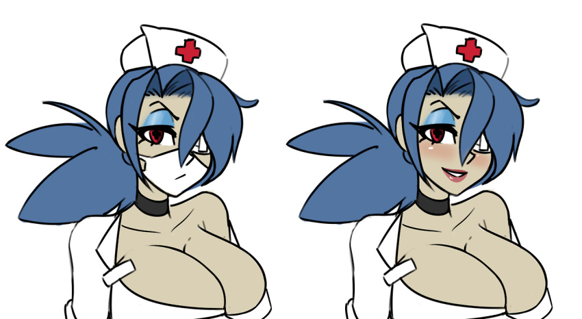 1girls big_breasts blue_hair blush blushing breasts choker cleavage clothing eyelashes eyepatch eyeshadow female female_only fully_clothed hair_over_eye hair_over_one_eye hat highres large_breasts lips lipstick looking_at_viewer nurse nurse_cap nurse_uniform ponytail red_eyes red_lipstick sealguy skullgirls smile smiling solo surgical_mask valentine_(skullgirls) video_game video_games white_background white_clothing