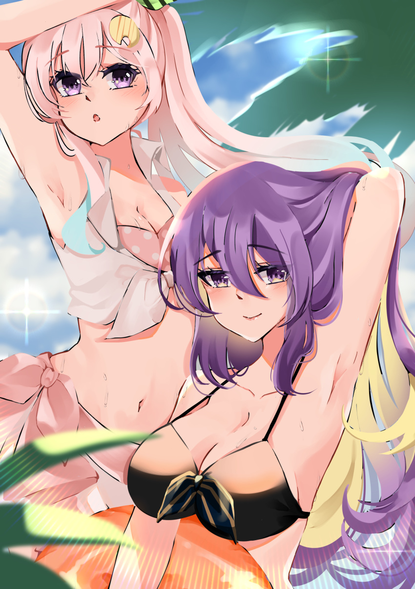 2girls :o absurdres airani_iofifteen airani_iofifteen_(artist) arm_behind_head armpits bikini breasts cleavage hair_ornament highres hololive hololive_indonesia indonesian_commentary innertube large_breasts long_hair moona_hoshinova multicolored_hair multiple_girls palette_hair_ornament palm_tree pink_hair ponytail purple_eyes purple_hair sarong star_(symbol) star_in_eye swim_ring swimsuit symbol_in_eye tree two-tone_hair virtual_youtuber