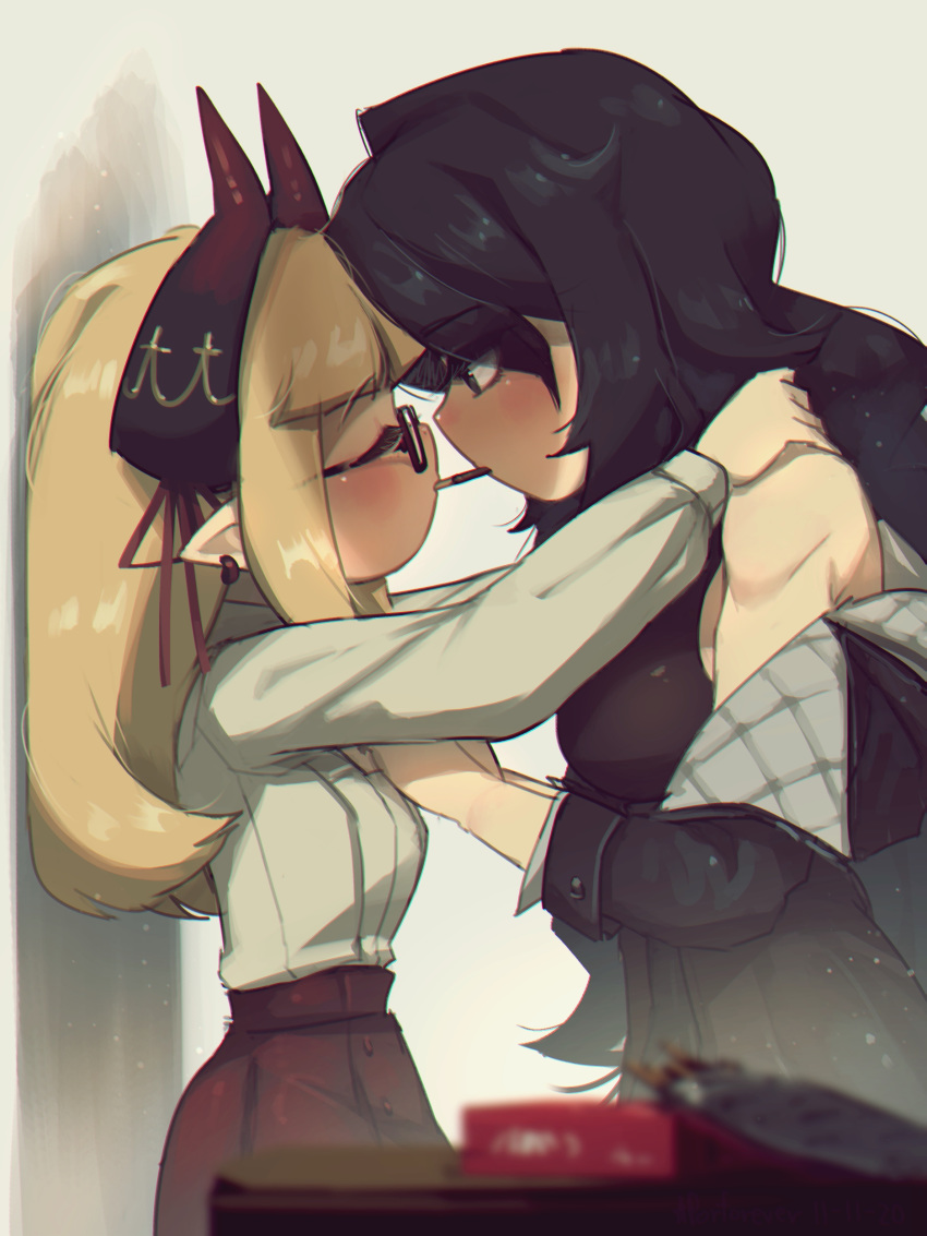 2girls absurdres against_wall black_eyes black_hair blonde_hair blunt_bangs blush borrowed_character closed_eyes commentary english_commentary executioner_maid_(centuriic) eyes_visible_through_hair face-to-face flareze_(porforever) food glasses highres horns long_hair multiple_girls off_shoulder original pocky pocky_day pocky_kiss pointy_ears porforever profile yuri