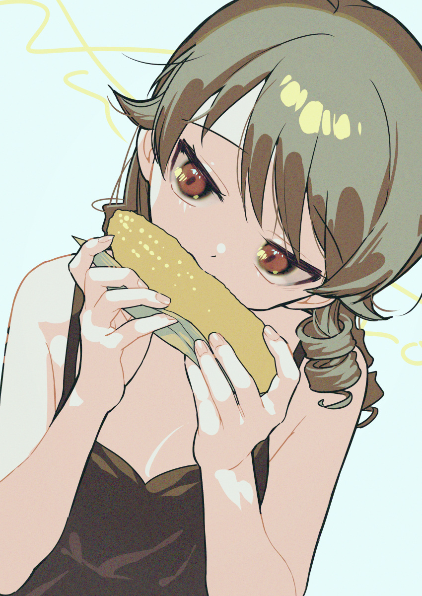 absurdres black_camisole breasts camisole corn_cob drill_hair dutch_angle eating female head_tilt highres idolmaster idolmaster_cinderella_girls light_brown_hair looking_at_viewer morikubo_nono simple_background small_breasts solo upper_body yukinuno