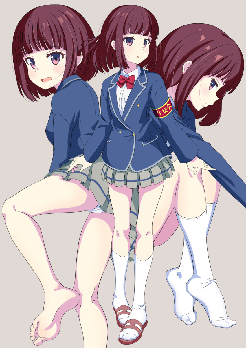 bare_legs barefoot bob_cut brown_hair feet female higashiyama_akisa highres legs looking_at_viewer magicami multiple_views nanowise panties purple_eyes school_uniform short_hair simple_background skirt slippers socks soles toes underwear white_panties white_socks