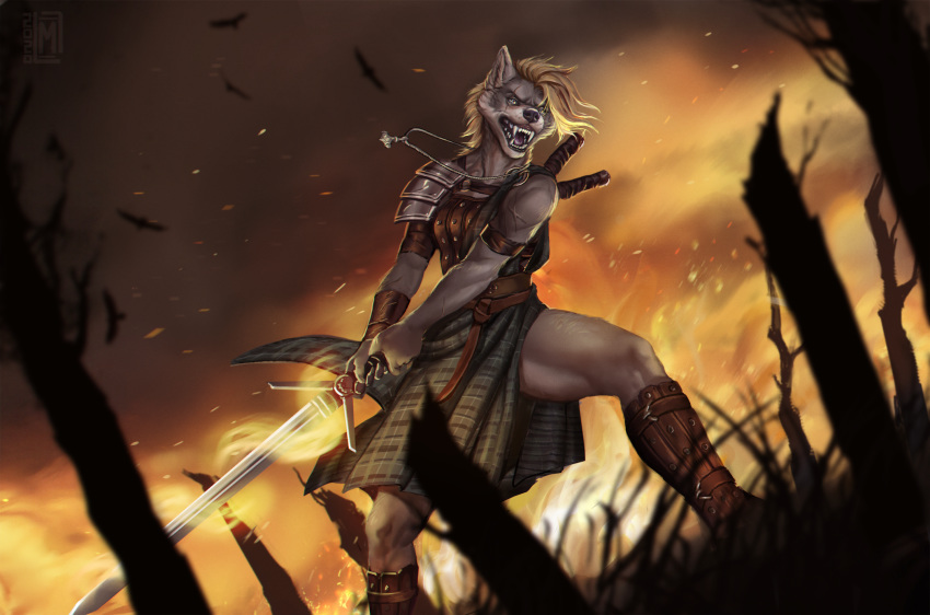 2020 anthro blonde_hair breasts canid canine canis clothed clothing detailed_background digital_media_(artwork) eyebrows eyelashes female fire hair hi_res holding_melee_weapon holding_object holding_sword holding_weapon mammal melee_weapon moon-s night open_mouth outside solo sword teeth tongue weapon wolf