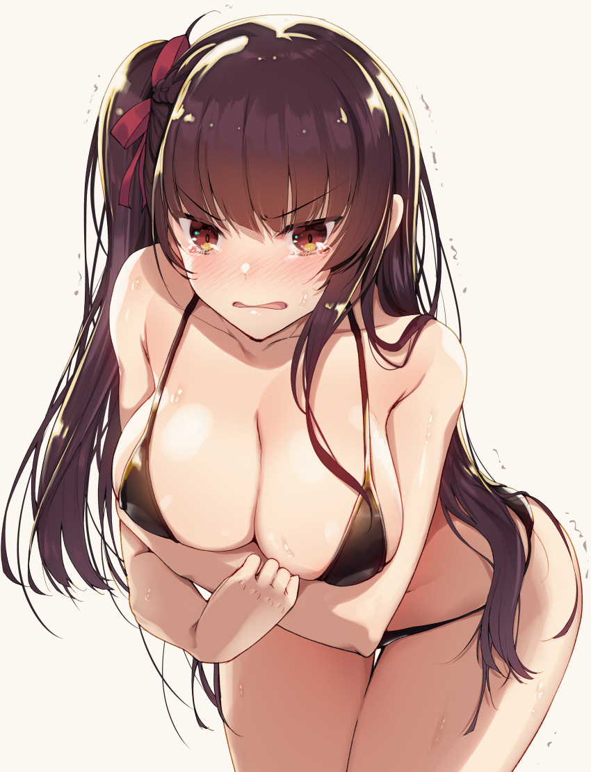 absurdres akahito alternate_costume arm_under_breasts ass bare_shoulders bikini black_bikini blush braid breasts cleavage collarbone embarrassed fanbox_reward female french_braid girls'_frontline hair_ribbon half_updo highres large_breasts leaning_forward long_hair looking_at_viewer one_side_up open_mouth paid_reward purple_hair red_eyes red_ribbon ribbon sidelocks simple_background skindentation solo stomach swimsuit tearing_up thighs trembling tsurime very_long_hair wa2000_(girls'_frontline) wet