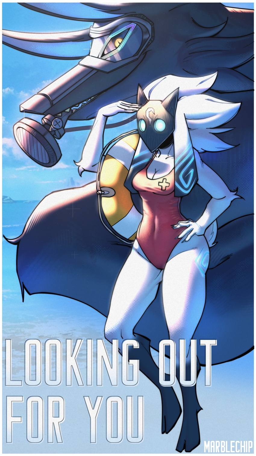 absurd_res anthro blue_eyes bovid caprine clothing cloven_hooves diving_mask ear_markings english_text featureless_(disambiguation) female fur glowing glowing_eyes hair hi_res hooves kindred_(lol) lamb_(lol) league_of_legends lifeguard lifesaver mammal marblechip mask one-piece_swimsuit outside poster riot_games sheep spirit swimwear tencent text white_body white_fur white_hair wolf_(lol)