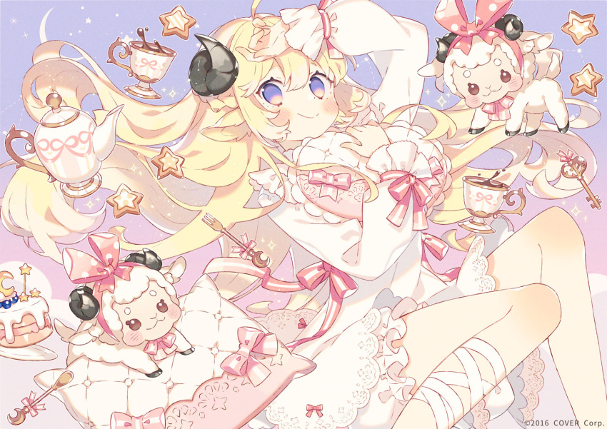 animal animal_ears blonde_hair blush bow braids cake chibi dress drink food gradient headband hololive horns lolita_fashion long_hair purple_eyes ribbons sheep sheepgirl tsunomaki_watame wakanagi_eku