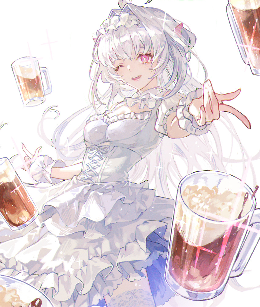 ahoge alcohol bare_shoulders beer beer_mug breasts commentary corset cross-laced_clothes cross-laced_corset cup dirndl dress fate/grand_order fate_(series) female framed_cleavage frilled_hairband frills german_clothes hairband highres kotobuki_nashiko lady_avalon_(event_portrait)_(fate) lady_avalon_(fate) long_hair looking_at_viewer medium_breasts merlin_(fate/prototype) mug one_eye_closed open_mouth pink_eyes pointy_ears scrunchie smile solo sparkle thighhighs thighs very_long_hair white_dress white_hair white_thighhighs wrist_scrunchie