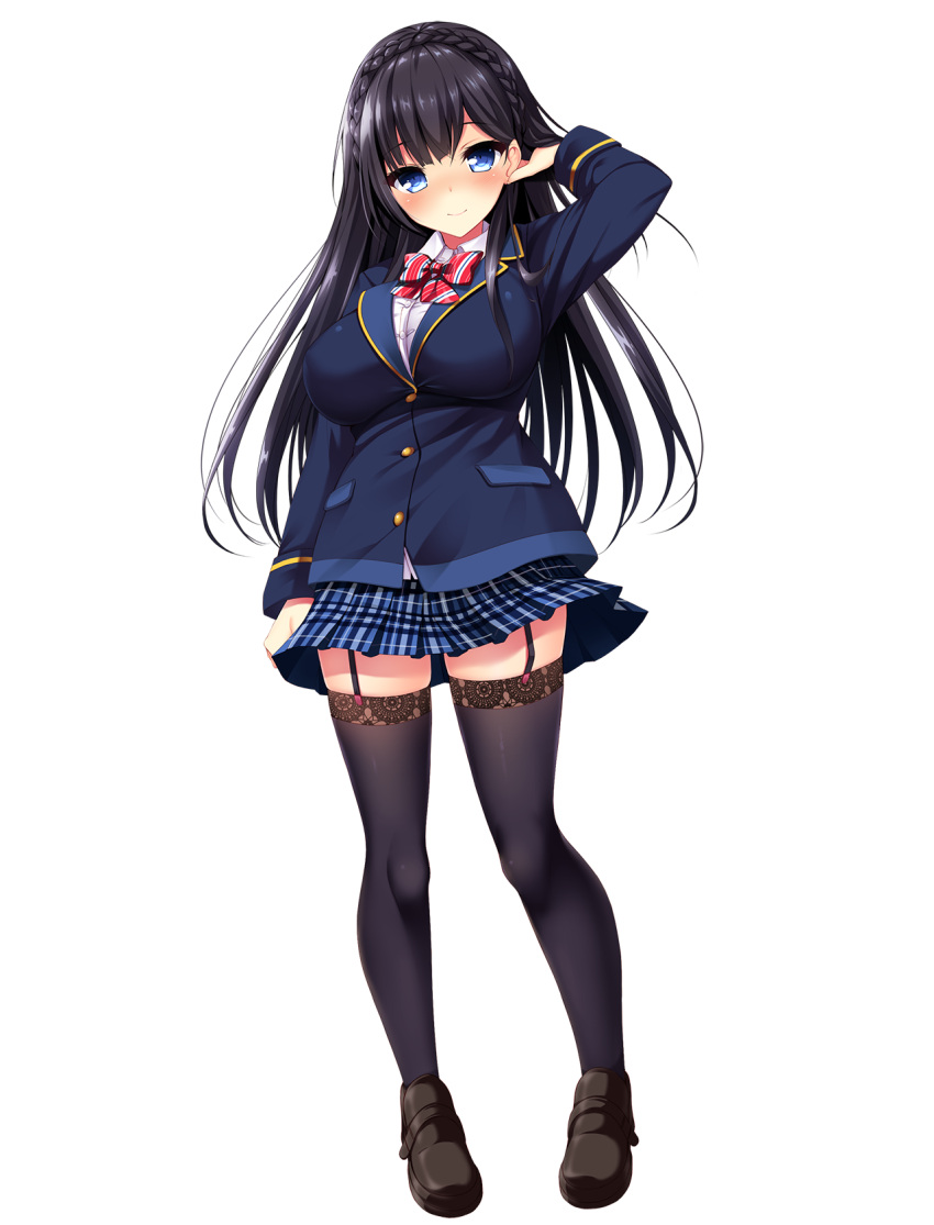 black_footwear black_hair black_thighhighs blazer blue_eyes blue_skirt blush braid female french_braid full_body garter_straps hand_to_head highres jacket loafers long_hair long_sleeves looking_at_viewer mayonnaise_(ringo_gakuen) miniskirt official_art ootori_chikage photoshop_(medium) plaid plaid_skirt pleated_skirt real_eroge_situation!_2 shoes skirt smile solo tachi-e thighhighs transparent_background zettai_ryouiki