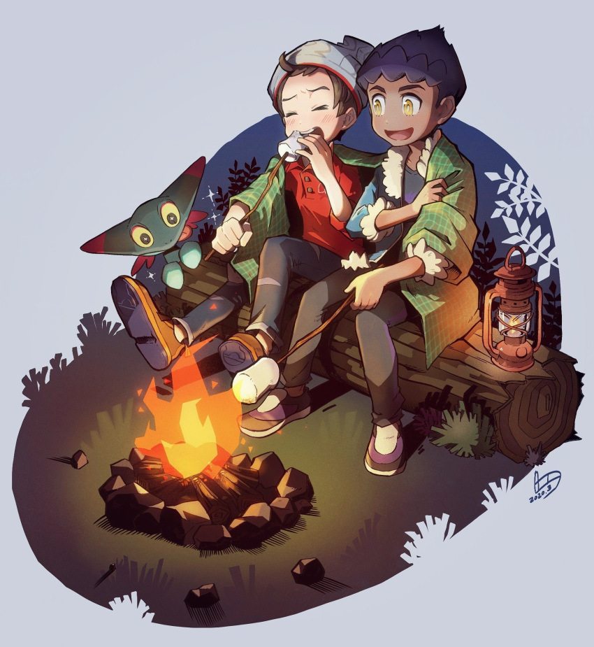 2boys bad_id bad_twitter_id beanie black_pants black_shirt blush bo9_(bo9_nc) brown_footwear cable_knit campfire commentary_request dreepy eating fire food fur-trimmed_jacket fur_trim grass grey_headwear hat highres holding holding_stick hop_(pokemon) jacket male_focus marshmallow multiple_boys open_mouth pants pokemon pokemon_(creature) pokemon_swsh red_shirt roasted_marshmallow roasting shirt shoes short_hair sitting sparkle stick tongue torn_clothes torn_pants victor_(pokemon) yellow_eyes