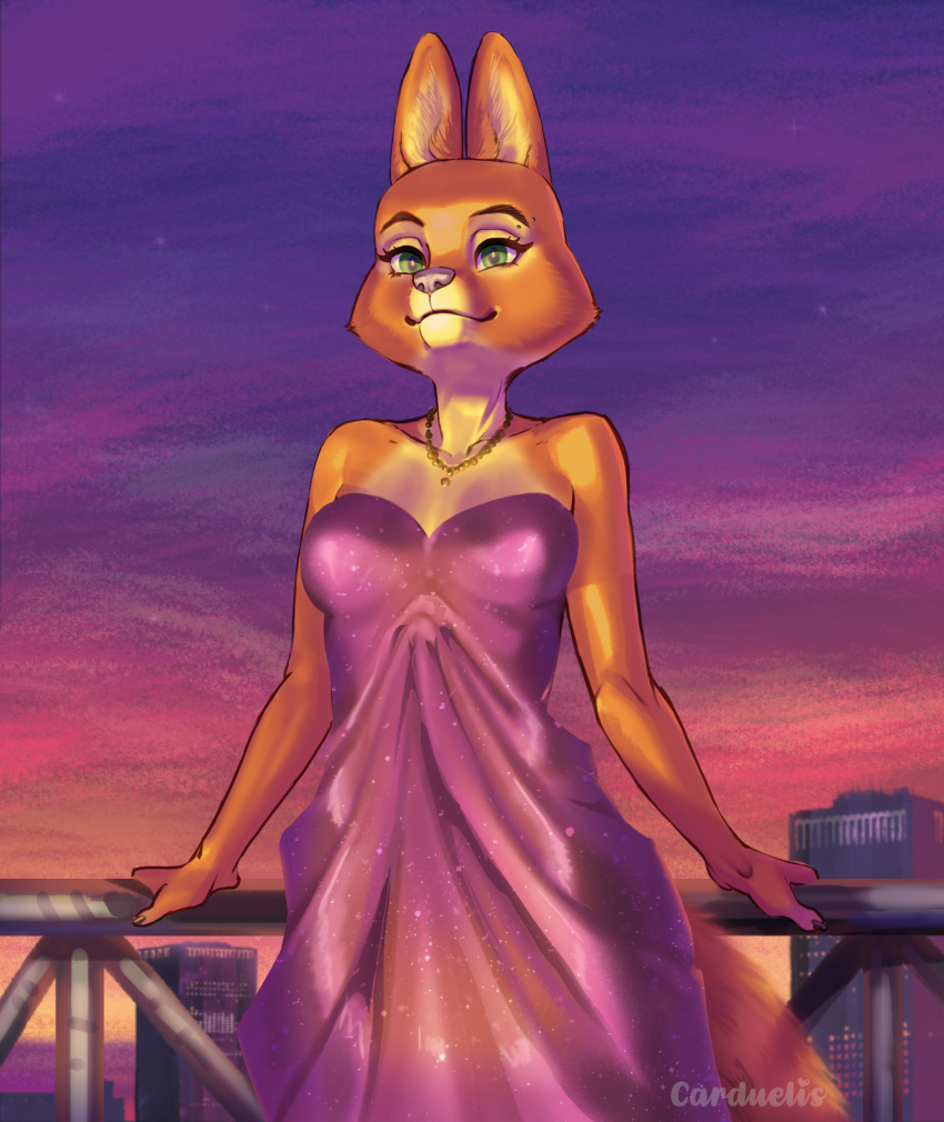 2023 anthro artist_name canid canine carduelis clothing diane_foxington dreamworks dress eyebrow_piercing facial_piercing female fox fur green_eyes hi_res mammal outside piercing rooftop smile solo the_bad_guys