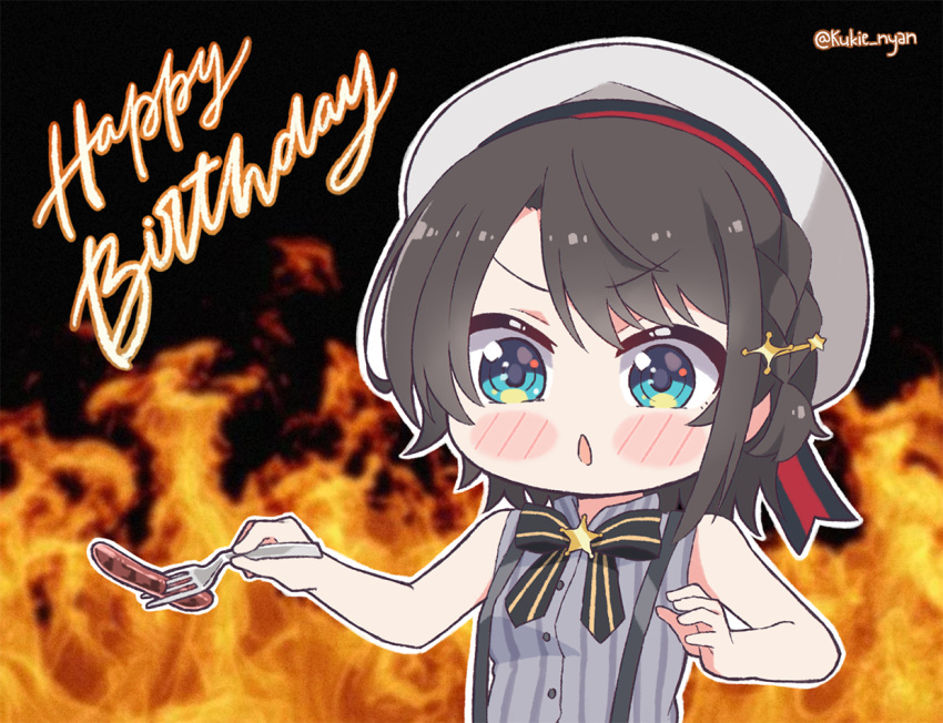 :o aqua_eyes bare_shoulders black_bow black_bowtie black_hair blush_stickers bow bowtie chibi chibi_only commentary english_commentary female fire grey_hat grey_shirt happy_birthday hat hololive kukie-nyan official_alternate_costume oozora_subaru oozora_subaru_(work) pinstripe_pattern pinstripe_shirt sailor_hat sausage_legend shirt short_hair sleeveless sleeveless_shirt solo star_(symbol) striped_clothes striped_shirt suspenders swept_bangs twitter_username vertical-striped_clothes vertical-striped_shirt virtual_youtuber