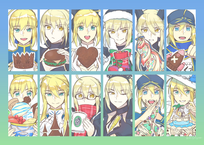 6+girls absurdres ahoge artoria_pendragon_(alter_swimsuit_rider)_(fate) artoria_pendragon_(alter_swimsuit_rider)_(third_ascension)_(fate) artoria_pendragon_(fate) artoria_pendragon_(lancer)_(fate) artoria_pendragon_(swimsuit_archer)_(fate) artoria_pendragon_(swimsuit_archer)_(third_ascension)_(fate) artoria_pendragon_(swimsuit_ruler)_(fate) artoria_pendragon_(swimsuit_ruler)_(second_ascension)_(fate) baseball_cap blonde_hair border bullet burger cake candy card chocolate christmas_stocking coffee_mug commentary_request crown cup fate/grand_order fate/stay_night fate/unlimited_codes fate_(series) food glasses gradient_border green_eyes hat heart heart-shaped_chocolate highres ice_cream mug multiple_girls mysterious_heroine_x_(fate) mysterious_heroine_x_alter_(fate) mysterious_heroine_x_alter_(first_ascension)_(fate) mysterious_heroine_xx_(fate) one_eye_closed playing_card saber_(fate) saber_alter saber_lily santa_alter santa_hat scarf shayubi smile sun_hat tiara twitter_username valentine yellow_eyes