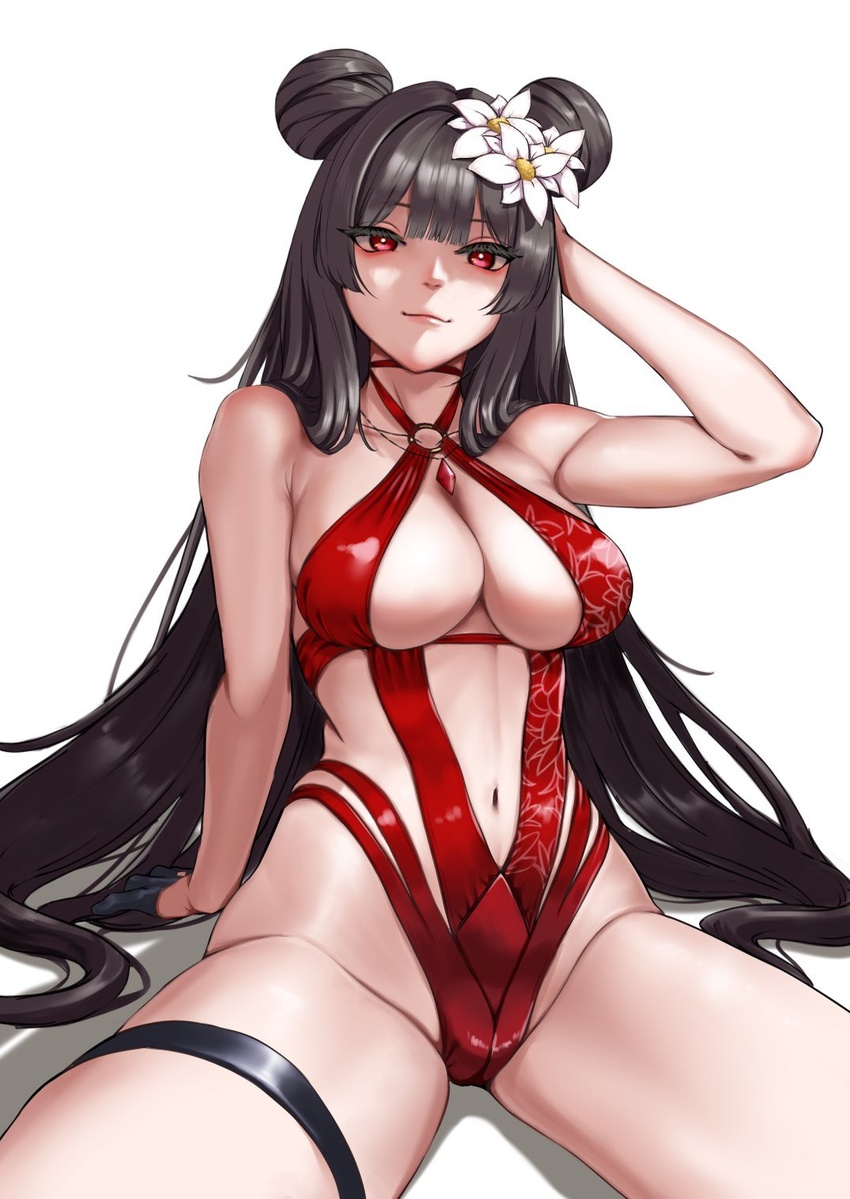 arm_behind_head arm_support bare_shoulders black_gloves black_hair blunt_bangs breasts bright_pupils casual_one-piece_swimsuit choker cleavage closed_mouth collarbone cowboy_shot double_bun eyeliner female floral_print flower fujita_ichi gem gloves goddess_of_victory:_nikke groin hair_bun hair_flower hair_ornament half_gloves halterneck hand_up highleg highleg_swimsuit highres hime_cut jewelry large_breasts linea_alba lips long_hair looking_at_viewer makeup navel necklace o-ring o-ring_swimsuit official_alternate_costume official_alternate_hairstyle one-piece_swimsuit pink_lips red_choker red_eyeliner red_eyes red_gemstone red_one-piece_swimsuit shadow sideboob simple_background sitting smile solo spread_legs swimsuit thick_thighs thigh_strap thighs very_long_hair white_background white_flower wide_hips yan_(nikke) yan_(sunrise_market)_(nikke)